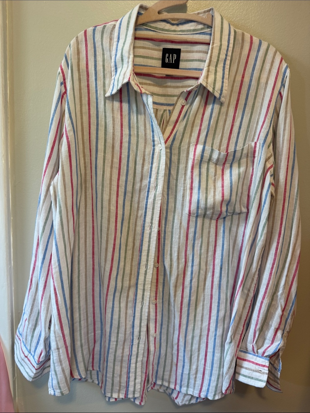 GAP Striped Linen Button-Up Blouse in Cream with Red and Blue Stripes